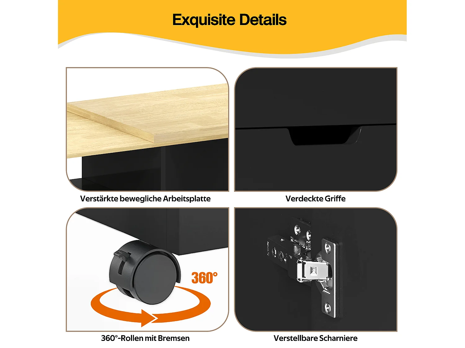 Drehbarer Barschrank – 115 x 50 x 92 cm – mit Regalböden, 2 Schubladen und ausziehbarem Tisch – MDF – schwarz + natur