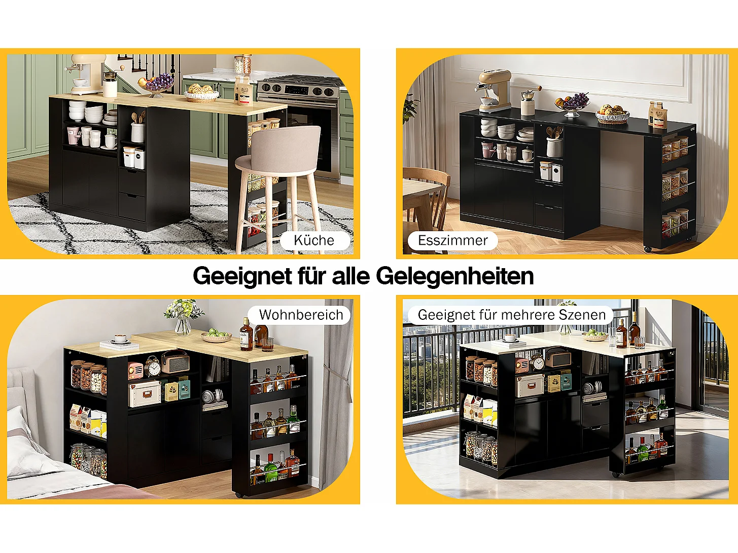 Drehbarer Barschrank – 115 x 50 x 92 cm – mit Regalböden, 2 Schubladen und ausziehbarem Tisch – MDF – schwarz + natur