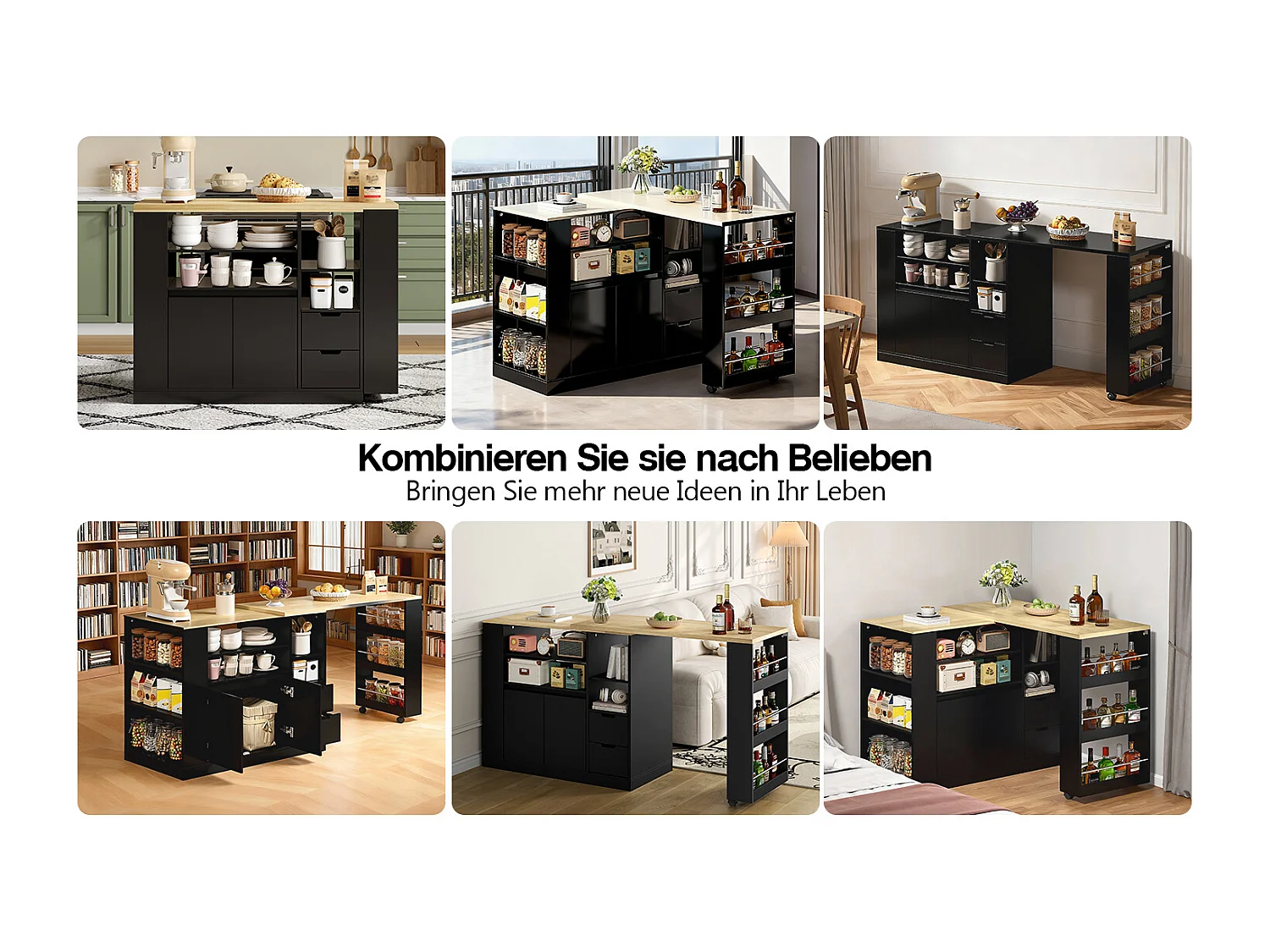 Drehbarer Barschrank – 115 x 50 x 92 cm – mit Regalböden, 2 Schubladen und ausziehbarem Tisch – MDF – schwarz + natur