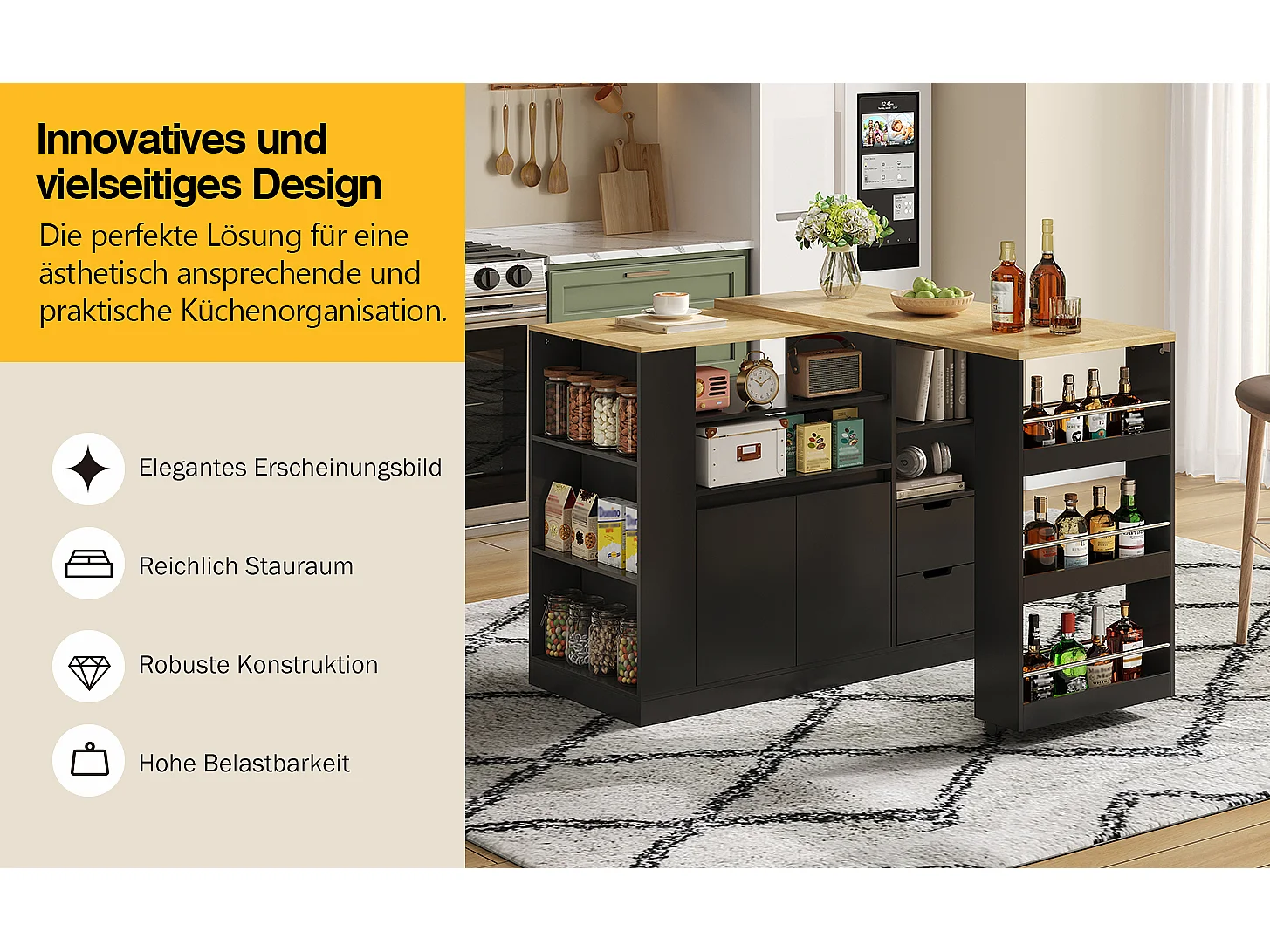 Drehbarer Barschrank – 115 x 50 x 92 cm – mit Regalböden, 2 Schubladen und ausziehbarem Tisch – MDF – schwarz + natur