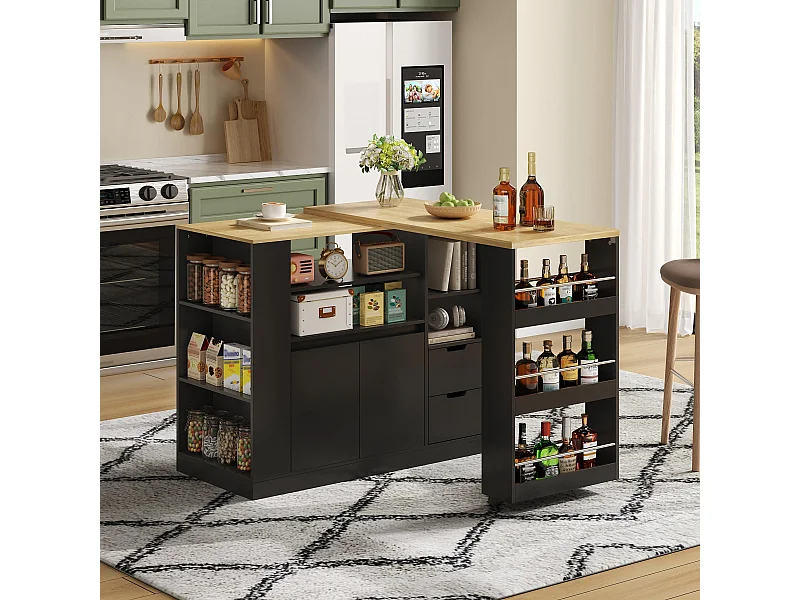 Drehbarer Barschrank – 115 x 50 x 92 cm – mit Regalböden, 2 Schubladen und ausziehbarem Tisch – MDF – schwarz + natur