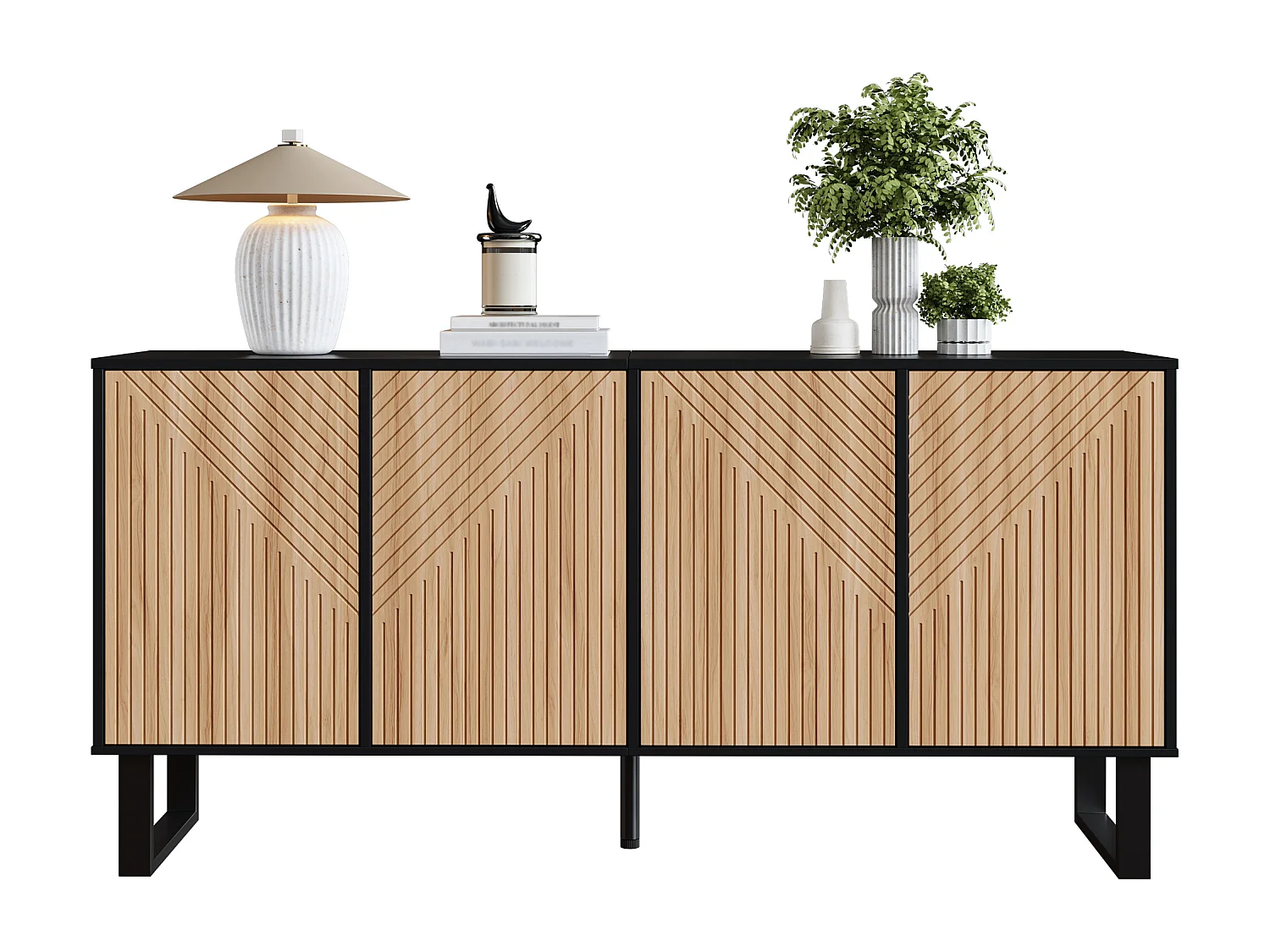 Modern en minimalistisch dressoir - 160 x 38 x 75 cm - contrasterend design - met 4 deuren - MDF + spaanplaat - zwart + naturel