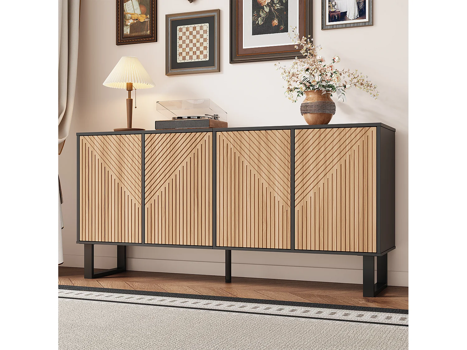 Modern en minimalistisch dressoir - 160 x 38 x 75 cm - contrasterend design - met 4 deuren - MDF + spaanplaat - zwart + naturel