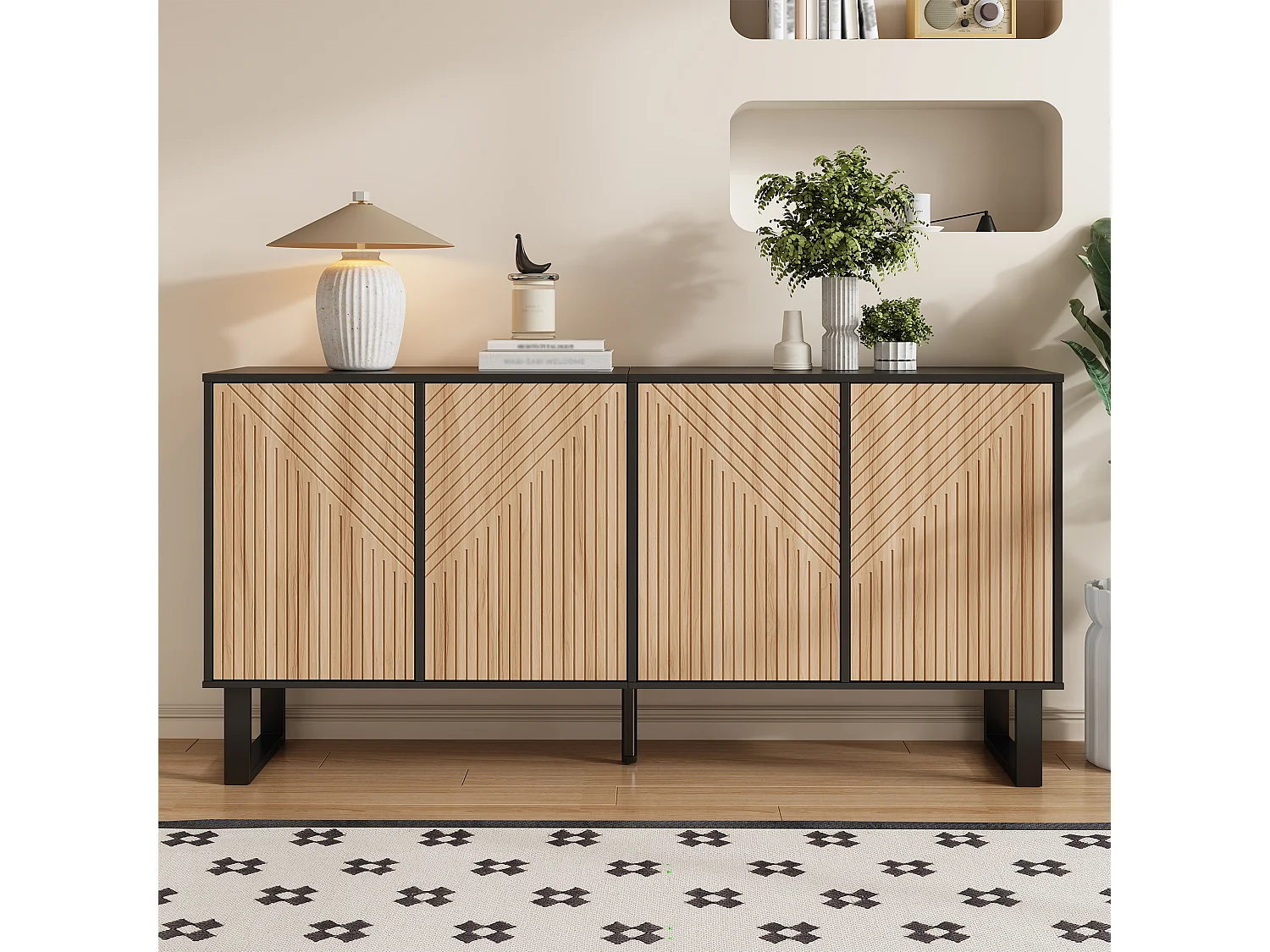 Modern en minimalistisch dressoir - 160 x 38 x 75 cm - contrasterend design - met 4 deuren - MDF + spaanplaat - zwart + naturel