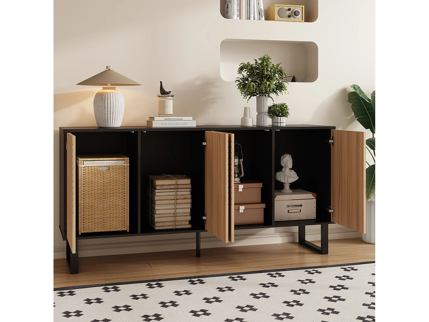 Modern en minimalistisch dressoir - 160 x 38 x 75 cm - contrasterend design - met 4 deuren - MDF + spaanplaat - zwart + naturel