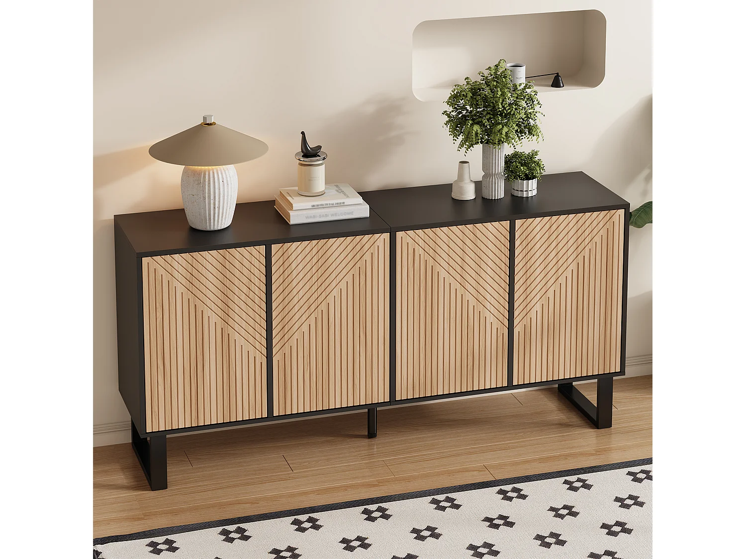 Modern en minimalistisch dressoir - 160 x 38 x 75 cm - contrasterend design - met 4 deuren - MDF + spaanplaat - zwart + naturel