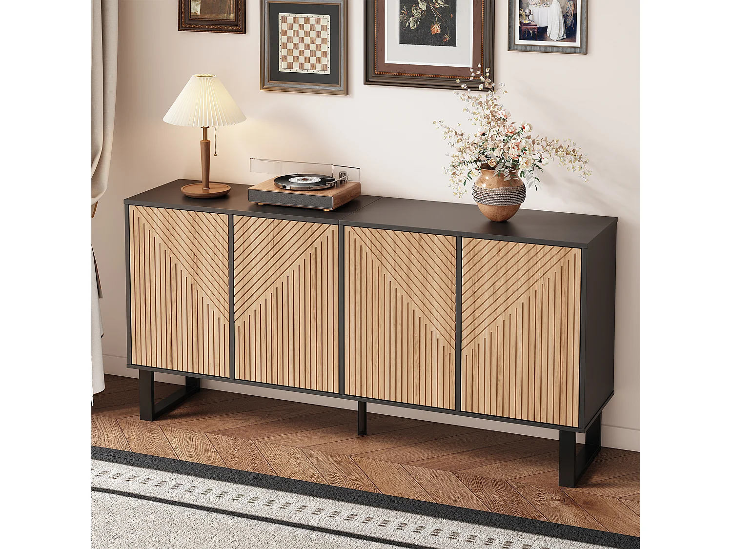 Buffet moderne et minimaliste - 160 x 38 x 75 cm - design contrasté - avec 4 portes - MDF + aggloméré - noir + naturel