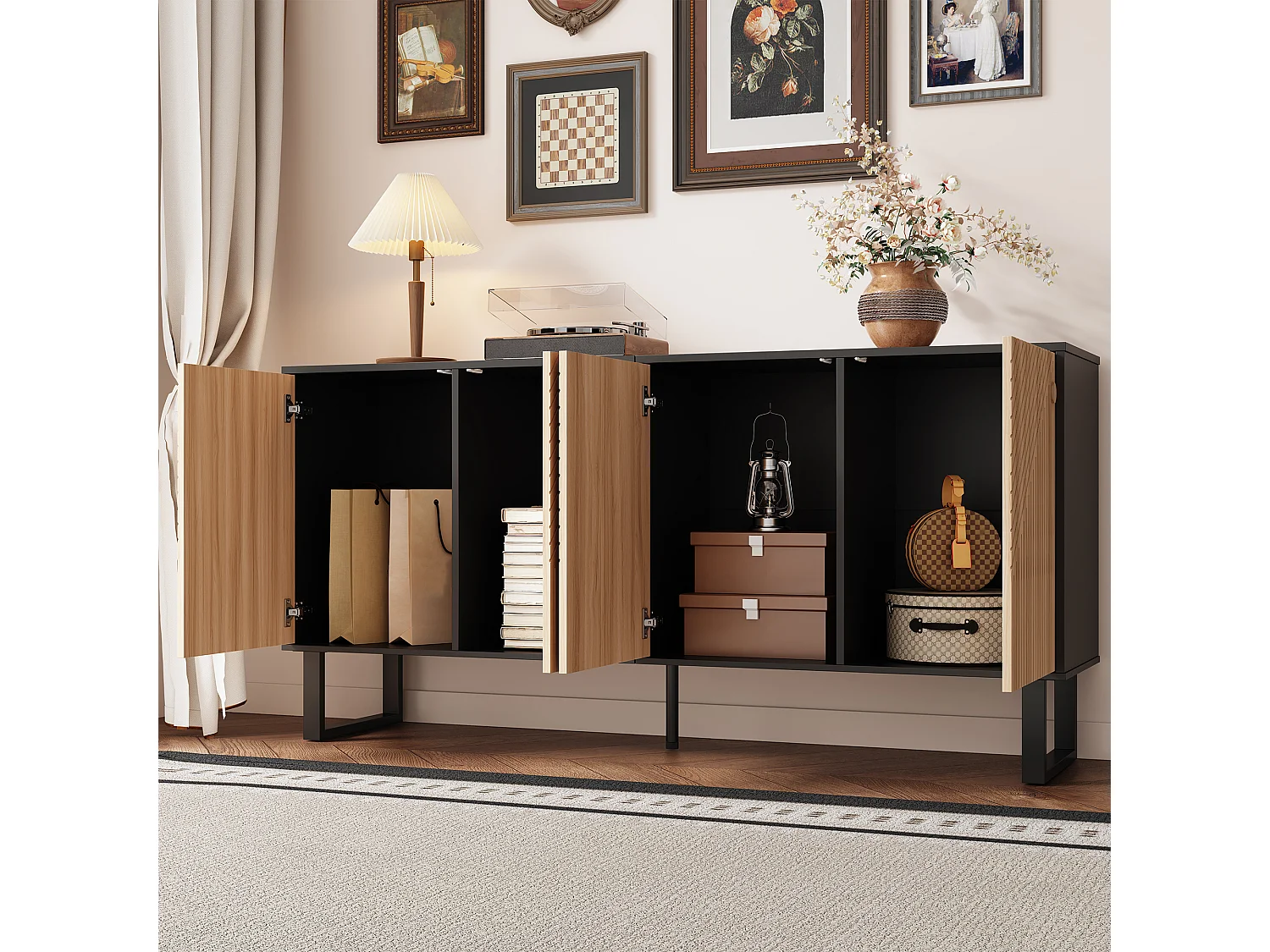 Buffet moderne et minimaliste - 160 x 38 x 75 cm - design contrasté - avec 4 portes - MDF + aggloméré - noir + naturel