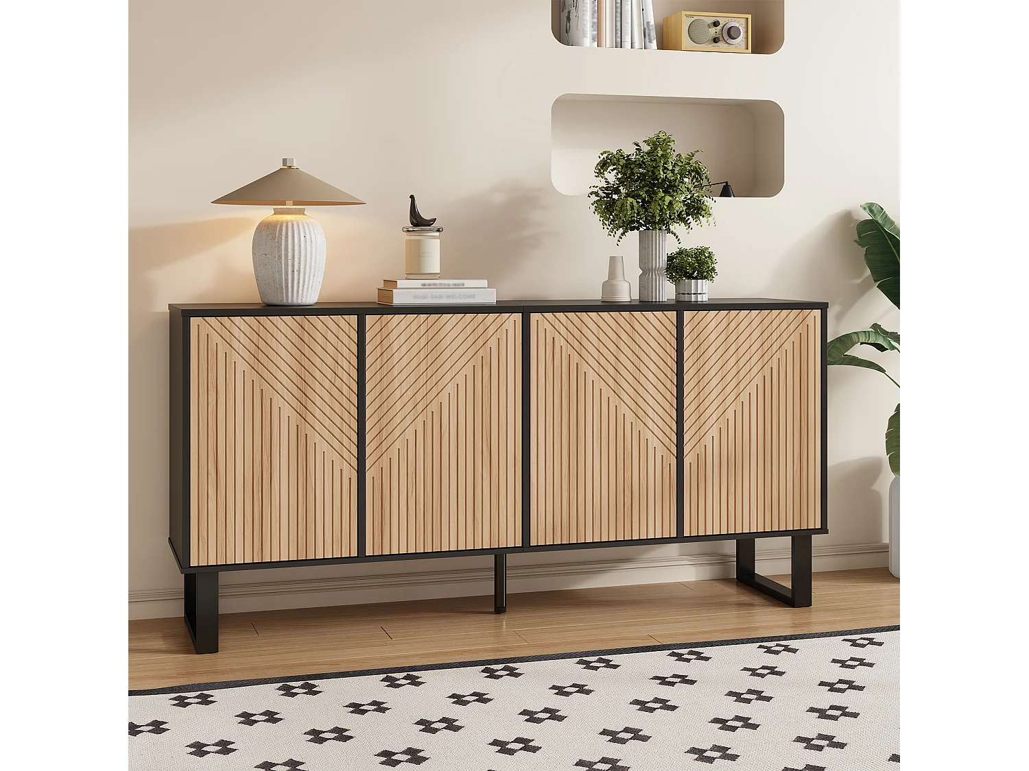 Buffet moderne et minimaliste - 160 x 38 x 75 cm - design contrasté - avec 4 portes - MDF + aggloméré - noir + naturel