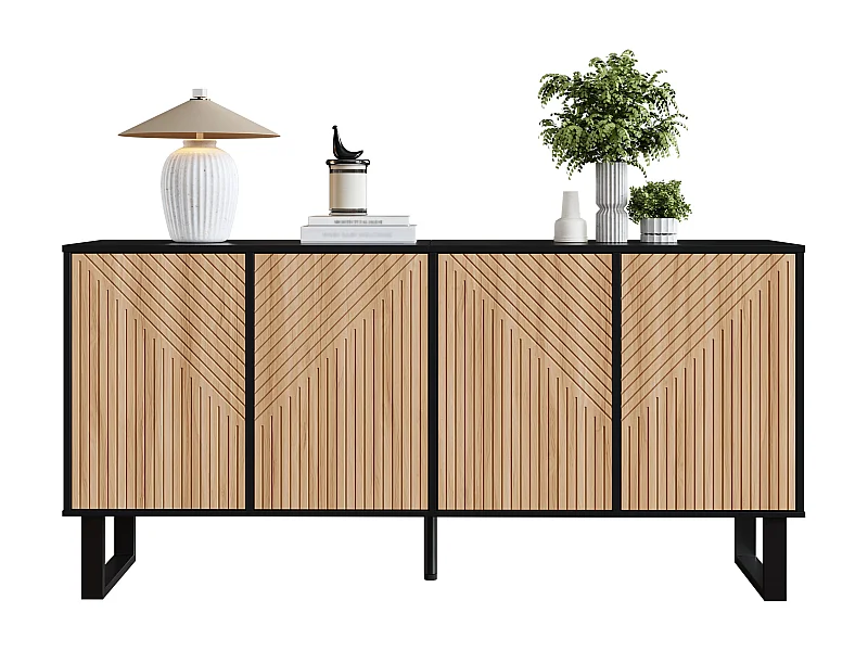 Modern en minimalistisch dressoir - 160 x 38 x 75 cm - contrasterend design - met 4 deuren - MDF + spaanplaat - zwart + naturel