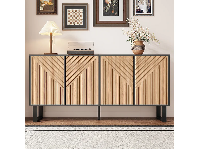 Modernes und minimalistisches Sideboard – 160 x 38 x 75 cm – kontrastreiches Design – mit 4 Türen – MDF + Spanplatte – schwarz + natur