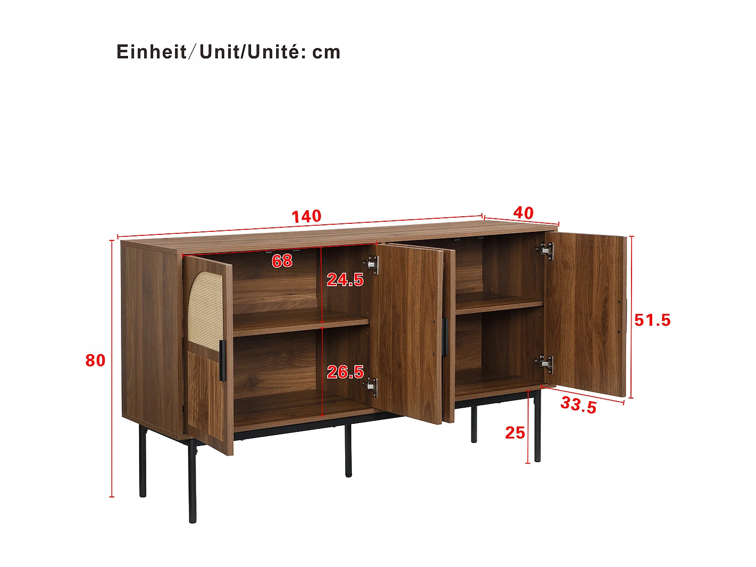 Modern en eenvoudig dressoir - 140 x 40 x 80 cm - opbergmeubel voor de woonkamer - MDF - naturel