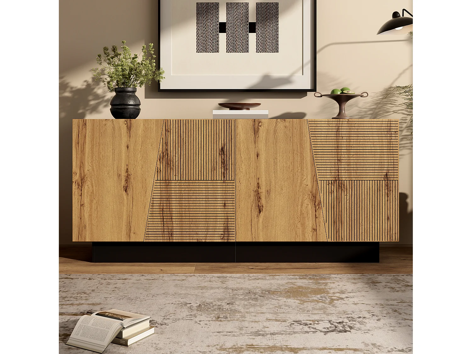 Buffet moderne - 160 x 40 x 72 cm - avec 4 portes - design géométrique + étagère réglable - aggloméré - noir + naturel