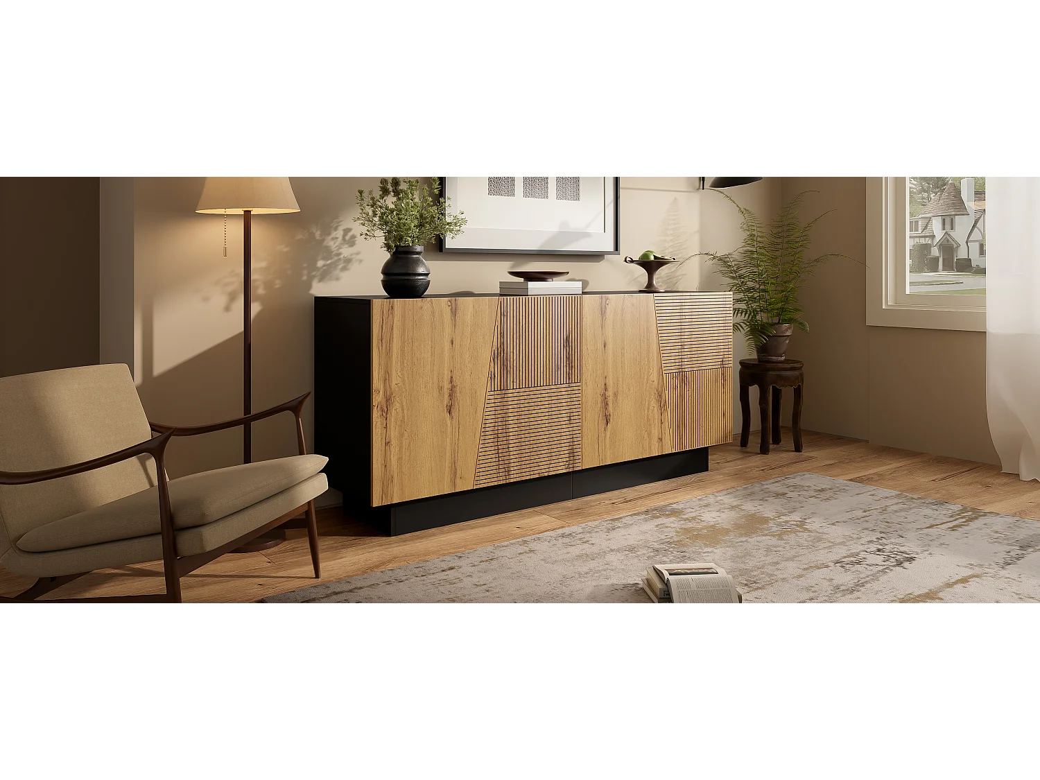 Buffet moderne - 160 x 40 x 72 cm - avec 4 portes - design géométrique + étagère réglable - aggloméré - noir + naturel