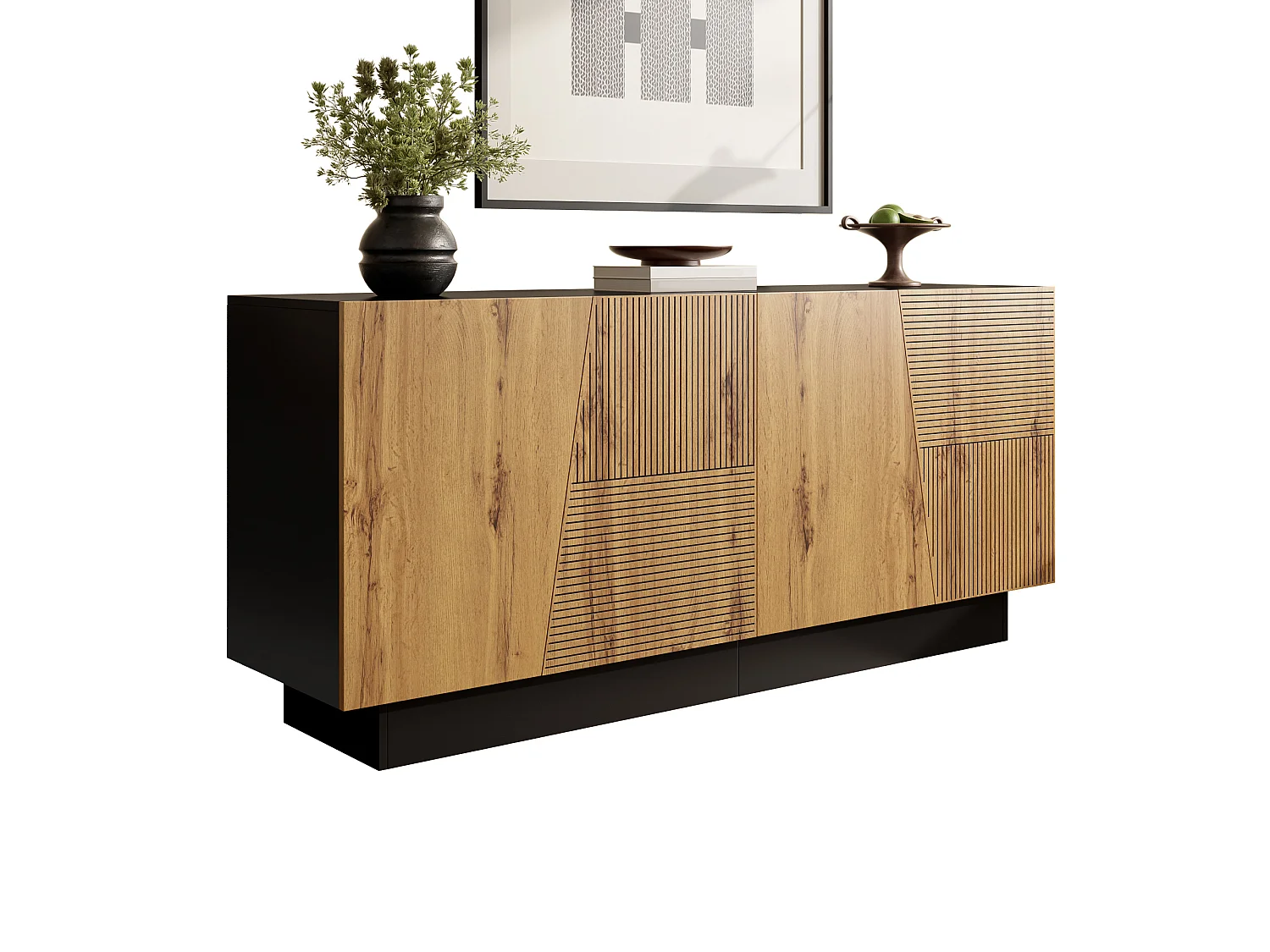 Modernt skänk - 160 x 40 x 72 cm - med 4 dörrar - geometrisk design + justerbar hylla - spånskiva - svart + naturfärgad
