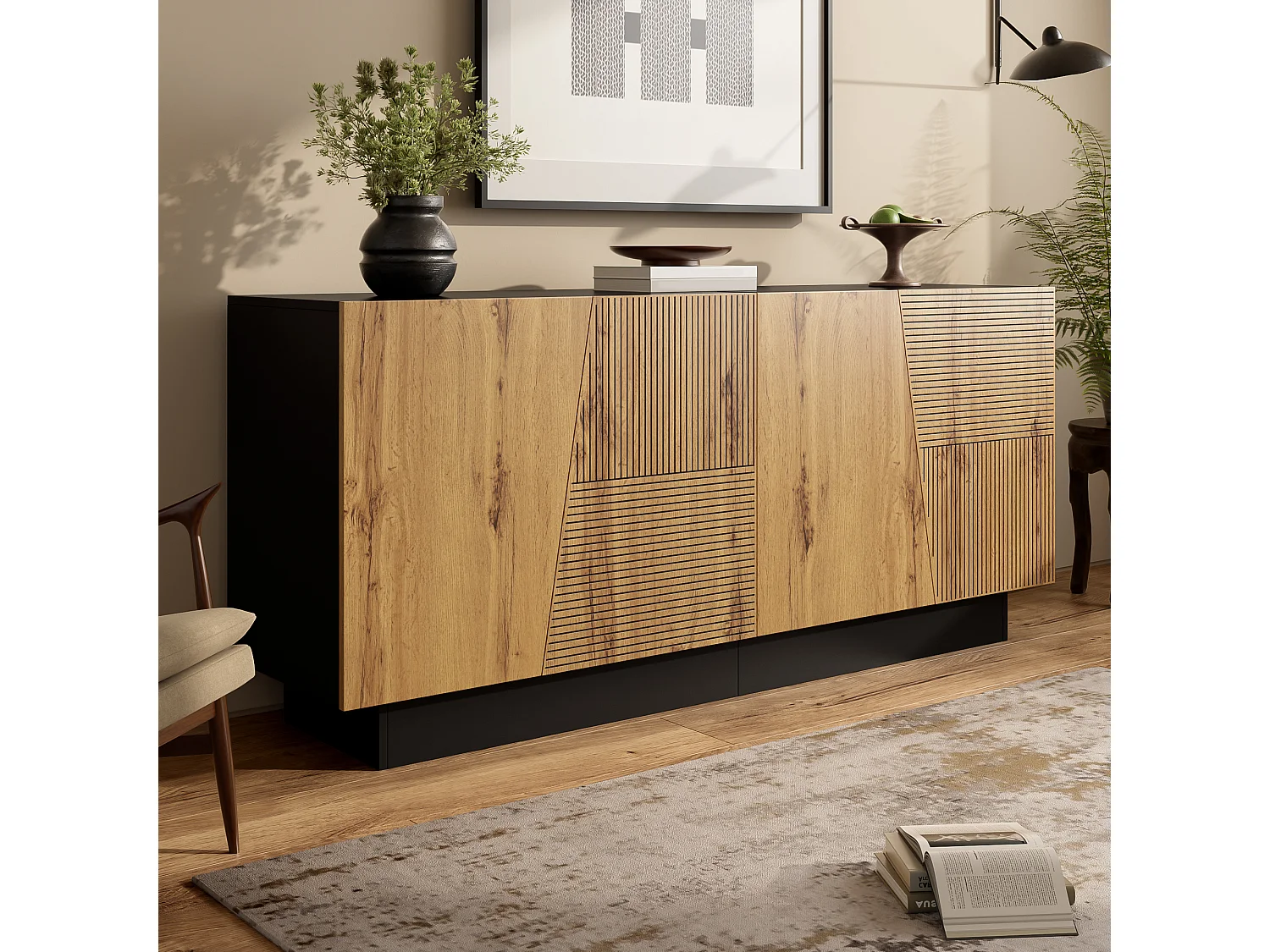 Modernt skänk - 160 x 40 x 72 cm - med 4 dörrar - geometrisk design + justerbar hylla - spånskiva - svart + naturfärgad