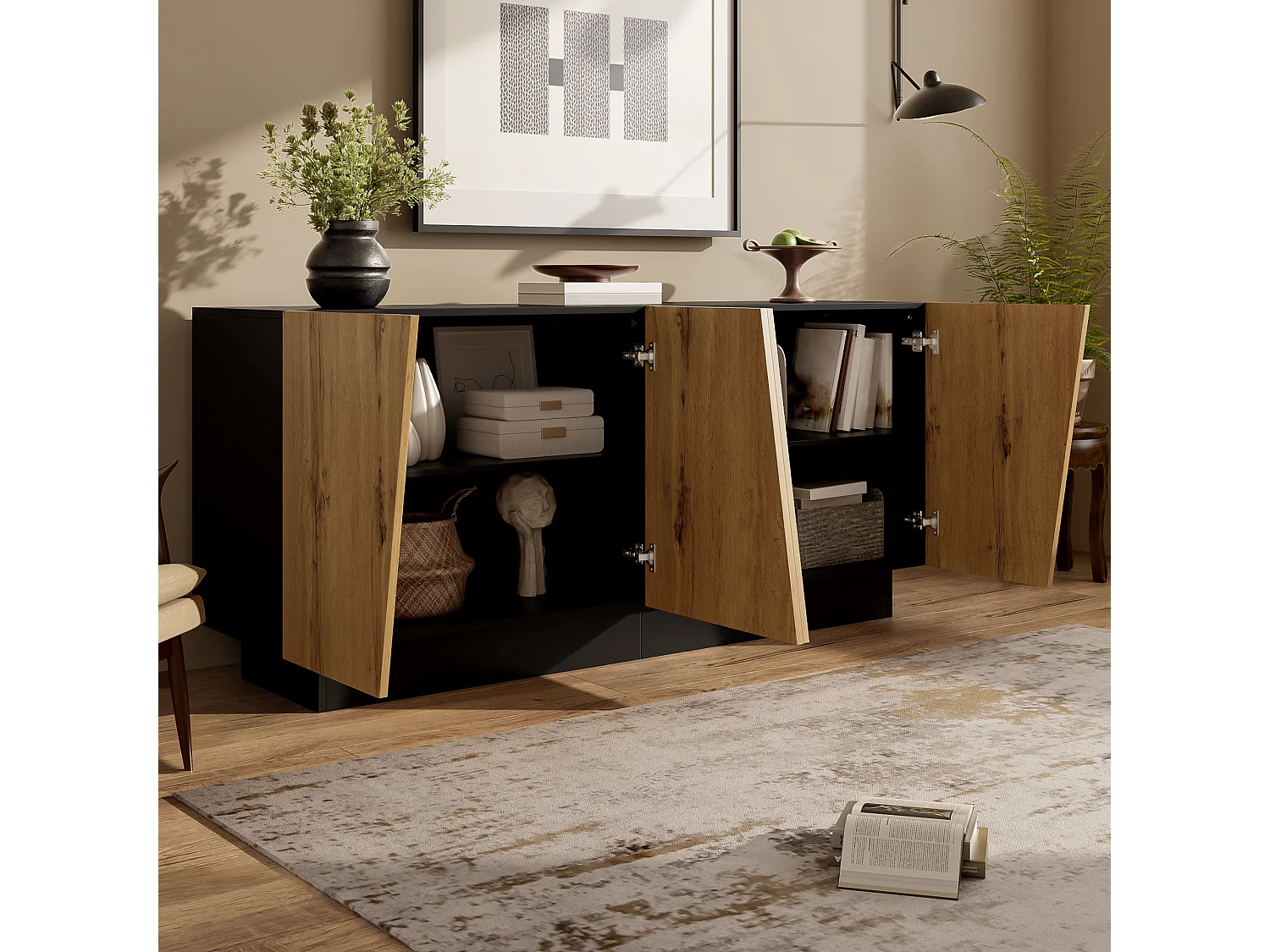 Modernt skänk - 160 x 40 x 72 cm - med 4 dörrar - geometrisk design + justerbar hylla - spånskiva - svart + naturfärgad