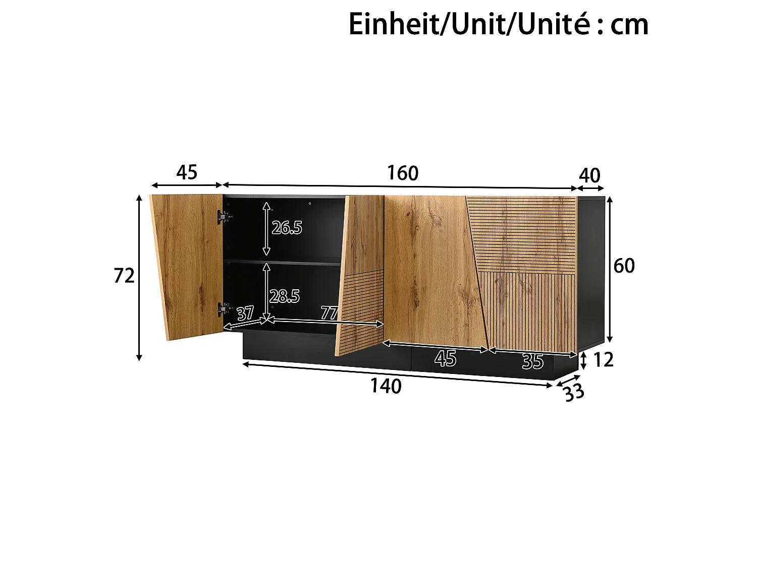 Modernt skänk - 160 x 40 x 72 cm - med 4 dörrar - geometrisk design + justerbar hylla - spånskiva - svart + naturfärgad