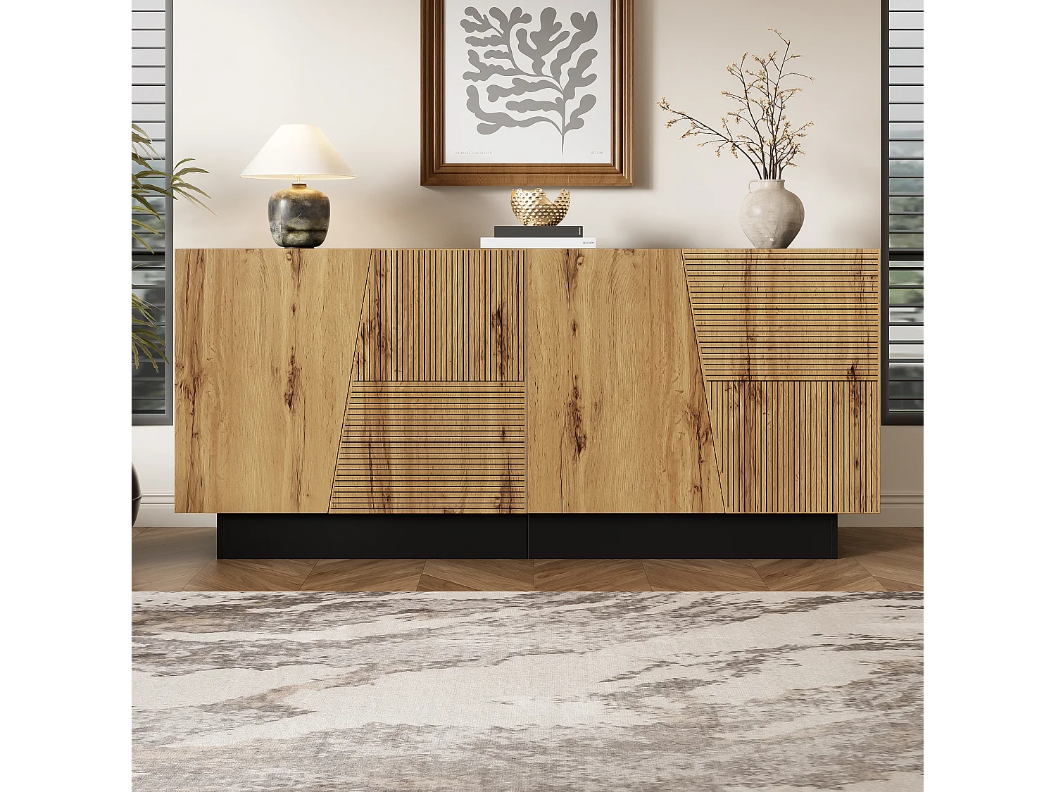 Modernt skänk - 160 x 40 x 72 cm - med 4 dörrar - geometrisk design + justerbar hylla - spånskiva - svart + naturfärgad