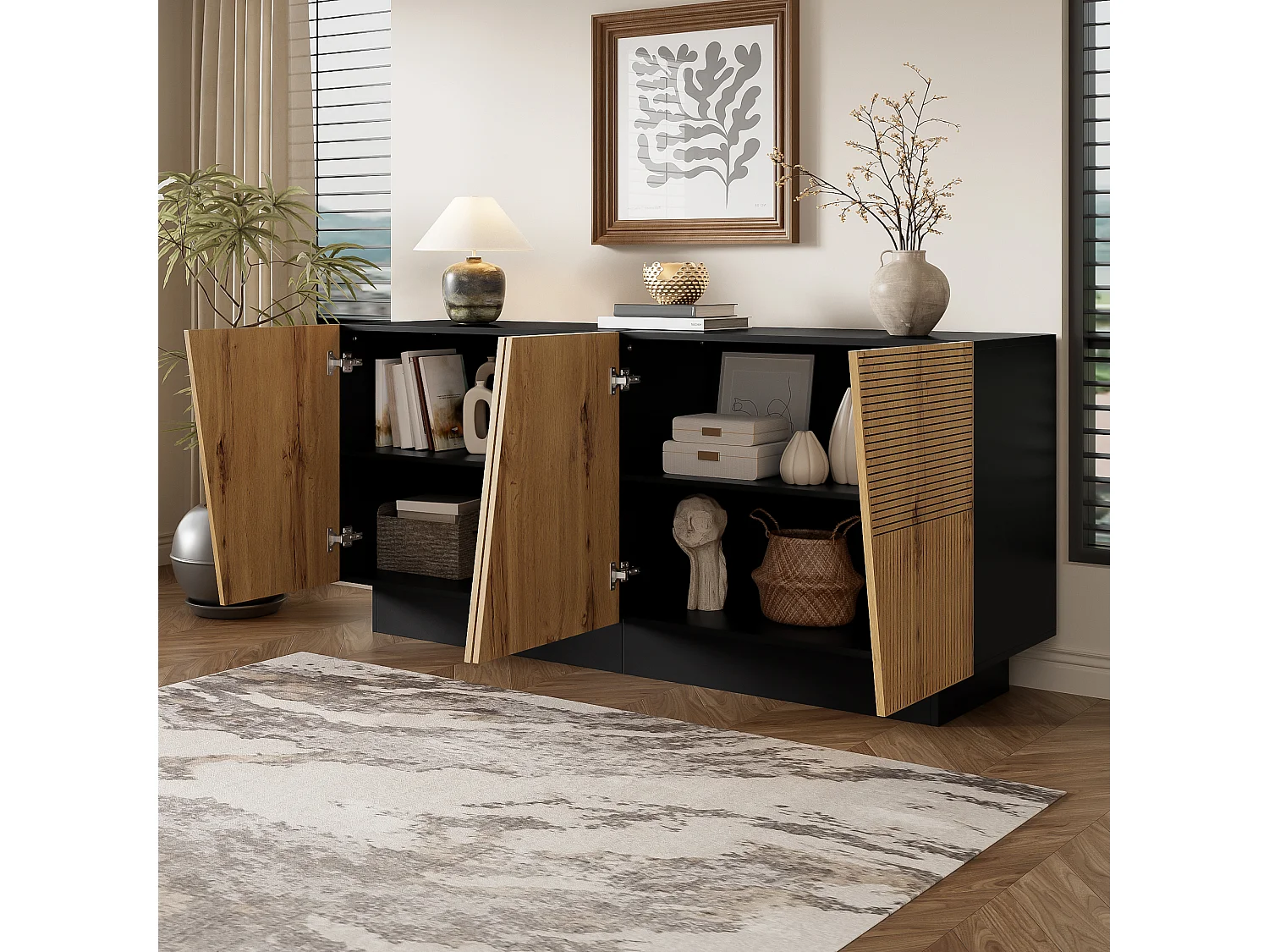Modernt skänk - 160 x 40 x 72 cm - med 4 dörrar - geometrisk design + justerbar hylla - spånskiva - svart + naturfärgad
