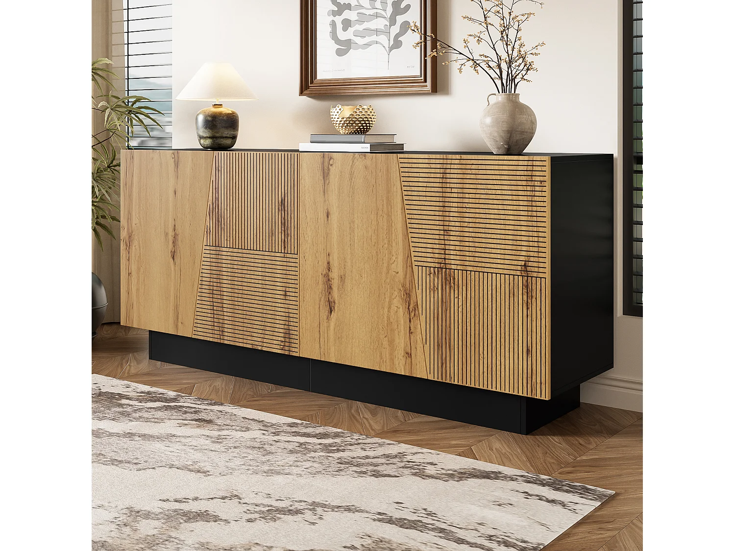 Modernt skänk - 160 x 40 x 72 cm - med 4 dörrar - geometrisk design + justerbar hylla - spånskiva - svart + naturfärgad