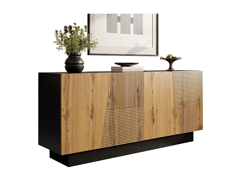 Buffet moderne - 160 x 40 x 72 cm - avec 4 portes - design géométrique + étagère réglable - aggloméré - noir + naturel