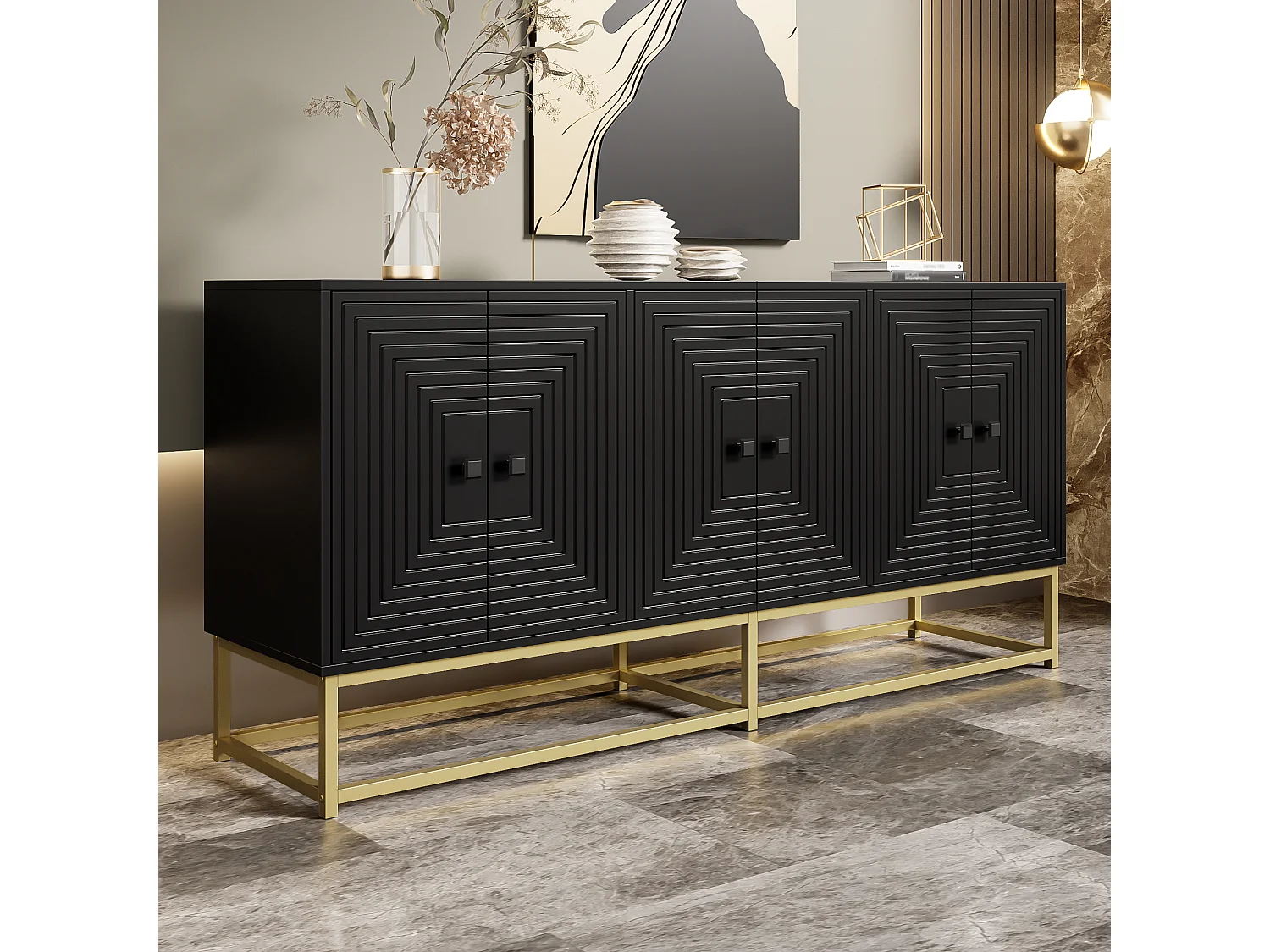 Modernes Sideboard mit 3 Doppeltüren – 160 x 38 x 75,5 cm – mit goldenen Füßen – Spanplatte – schwarz