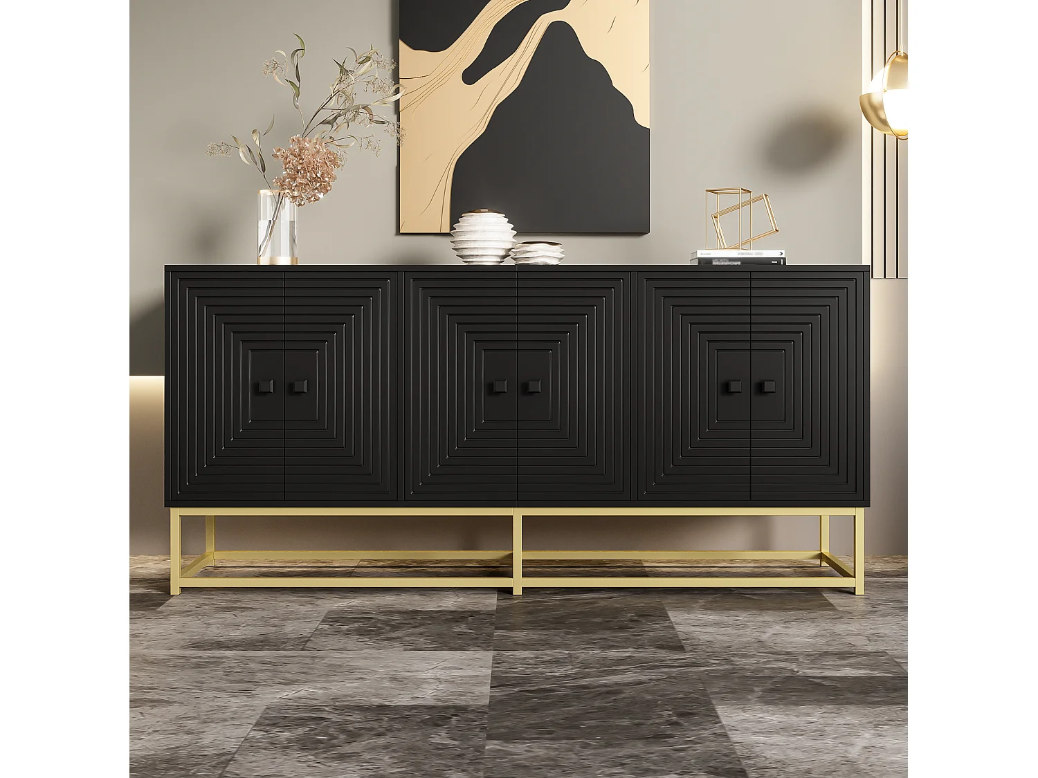 Modernes Sideboard mit 3 Doppeltüren – 160 x 38 x 75,5 cm – mit goldenen Füßen – Spanplatte – schwarz