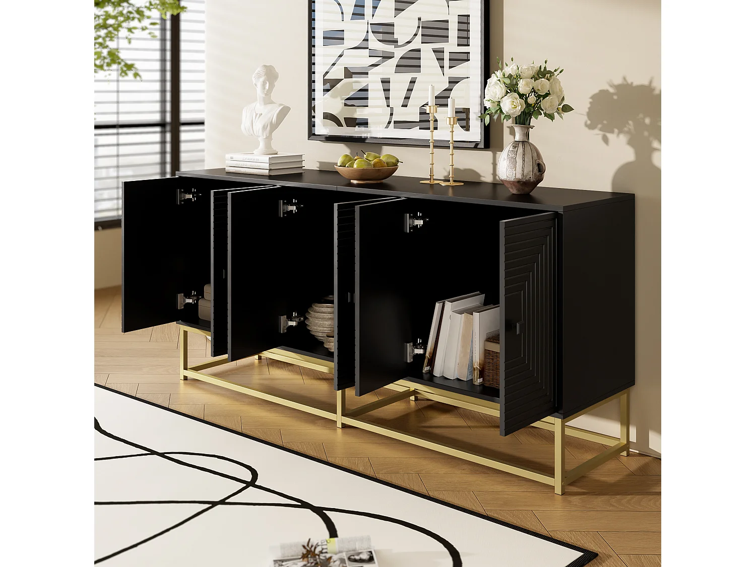 Modernes Sideboard mit 3 Doppeltüren – 160 x 38 x 75,5 cm – mit goldenen Füßen – Spanplatte – schwarz