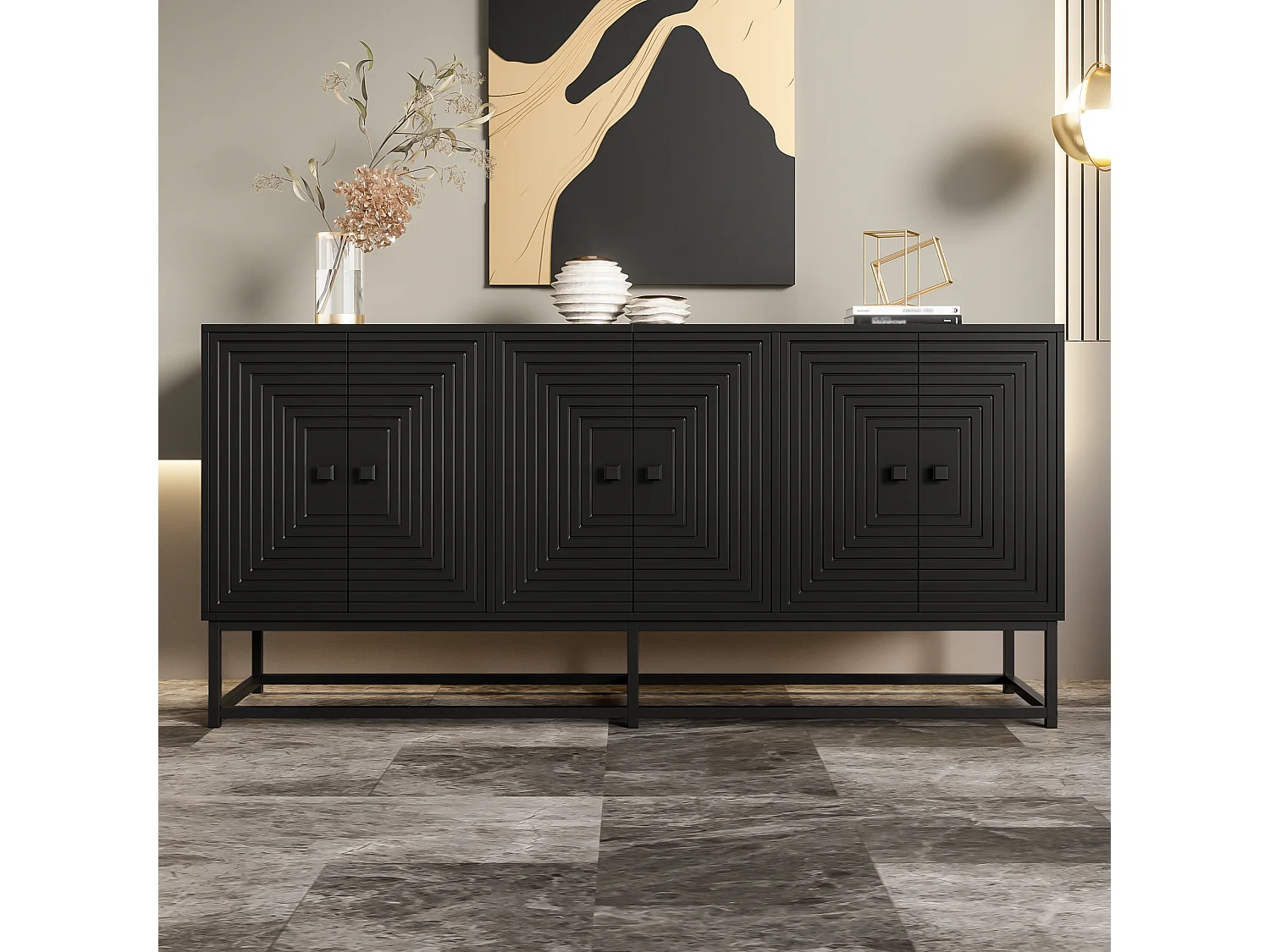 Buffet moderne à 3 portes doubles - 160 x 38 x 75.5 cm - avec pieds noirs - aggloméré - noir