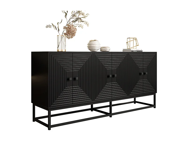 Buffet moderne à 3 portes doubles - 160 x 38 x 75.5 cm - avec pieds noirs - aggloméré - noir