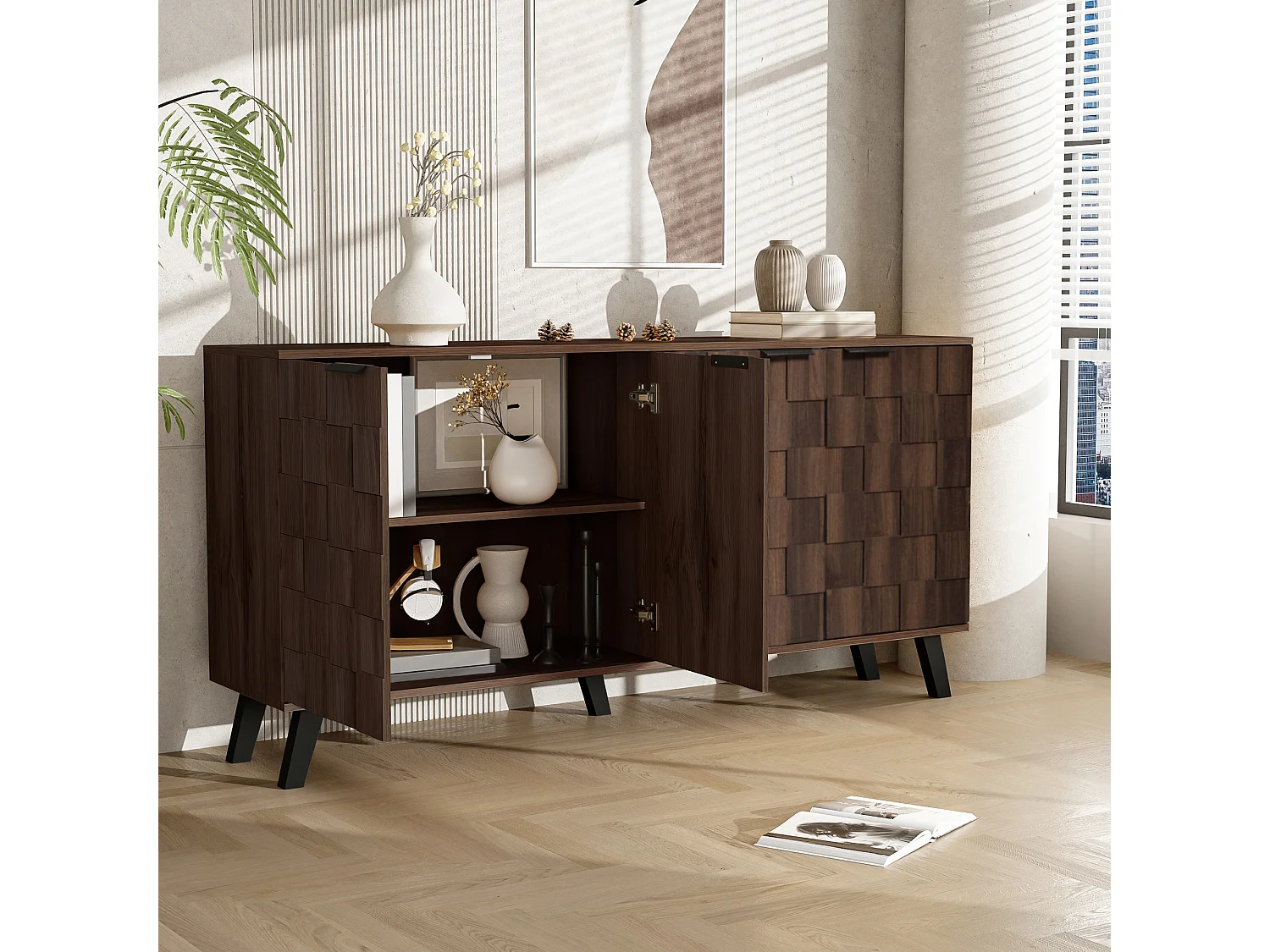 Modernes Sideboard aus dunklem Holz – 160,5 x 35,5 x 78 cm – mit 4 Türen – für Wohn- und Schlafzimmer – Spanplatte – dunkel natur