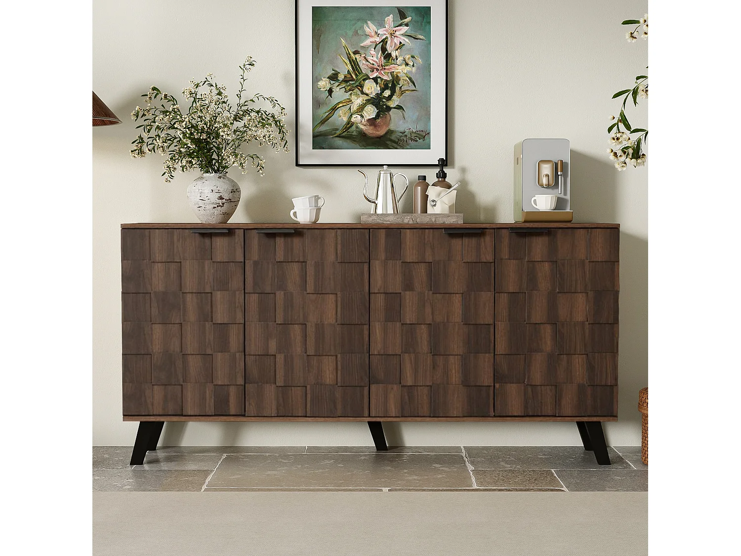 Modernes Sideboard aus dunklem Holz – 160,5 x 35,5 x 78 cm – mit 4 Türen – für Wohn- und Schlafzimmer – Spanplatte – dunkel natur