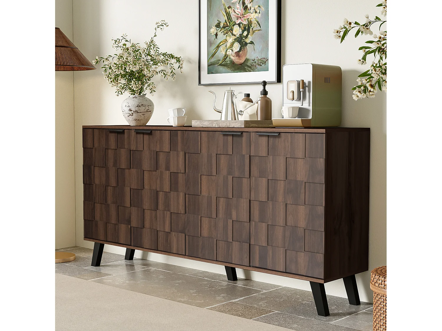 Modernes Sideboard aus dunklem Holz – 160,5 x 35,5 x 78 cm – mit 4 Türen – für Wohn- und Schlafzimmer – Spanplatte – dunkel natur
