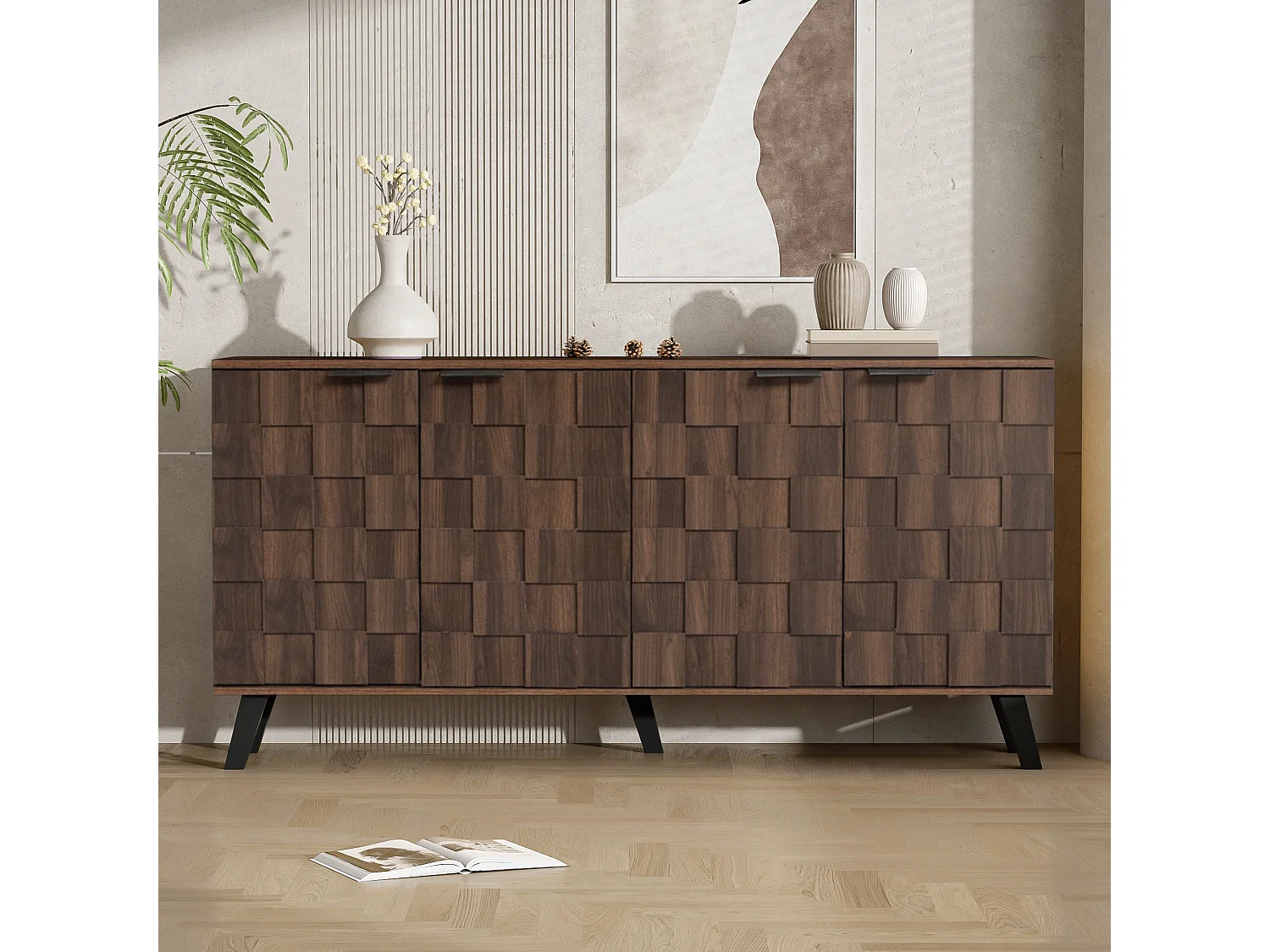 Buffet moderne en bois foncé - 160.5 x 35.5 x 78 cm  - avec 4 portes - pour le salon + chambre - aggloméré - naturel foncé