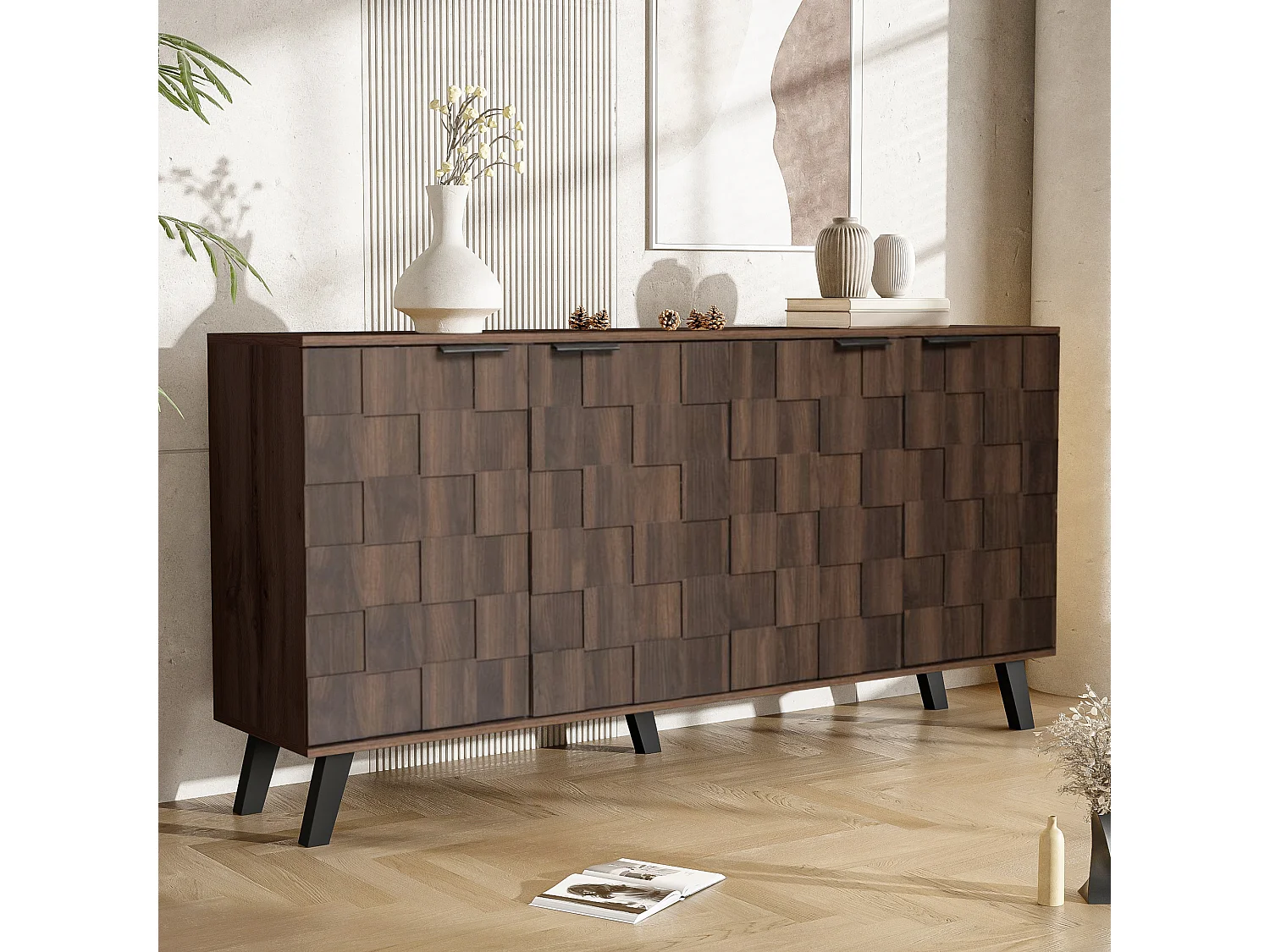 Buffet moderne en bois foncé - 160.5 x 35.5 x 78 cm  - avec 4 portes - pour le salon + chambre - aggloméré - naturel foncé