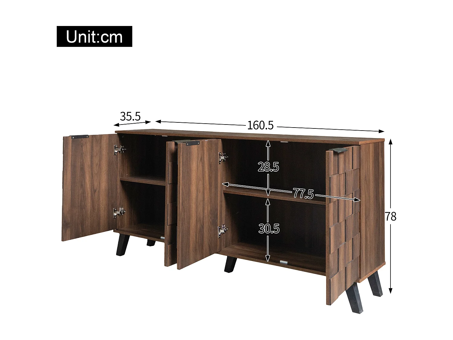 Buffet moderne en bois foncé - 160.5 x 35.5 x 78 cm  - avec 4 portes - pour le salon + chambre - aggloméré - naturel foncé