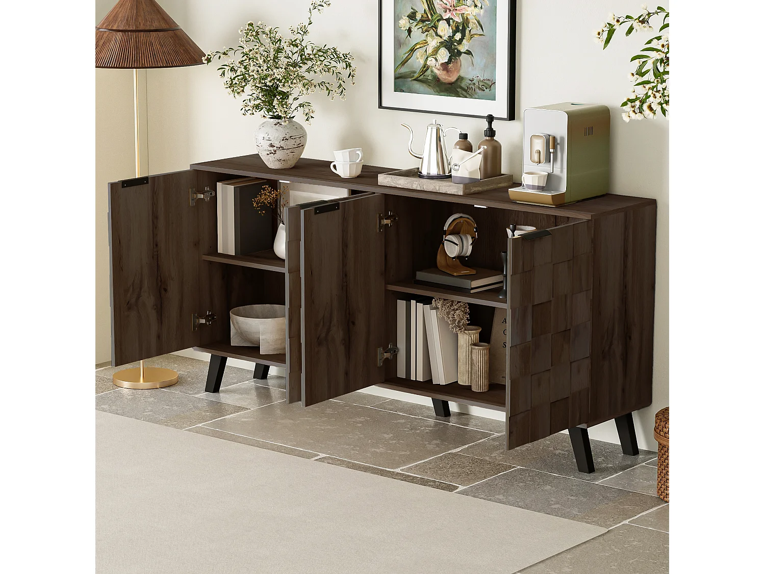 Buffet moderne en bois foncé - 160.5 x 35.5 x 78 cm  - avec 4 portes - pour le salon + chambre - aggloméré - naturel foncé