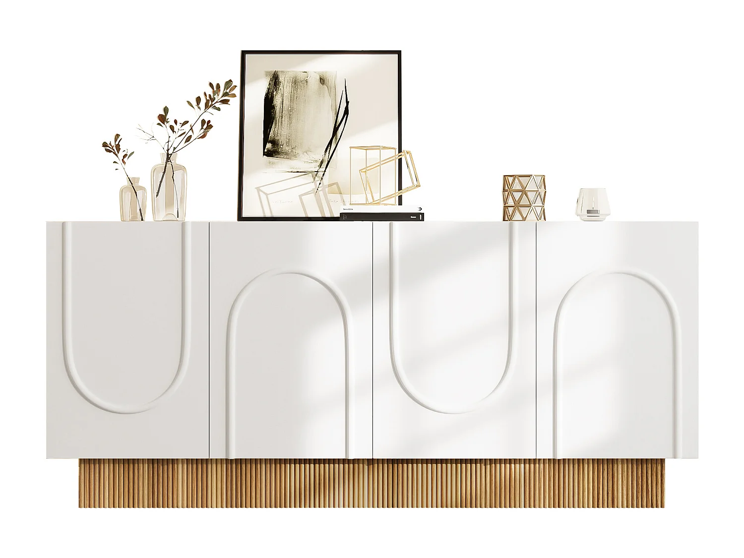 Buffet moderne pour salon et salle à manger - 160 x 75 x 38 cm - avec 4 portes - aggloméré - blanc + naturel