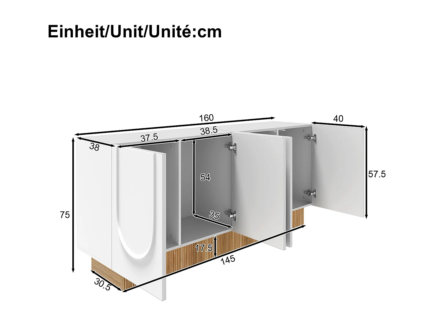 Buffet moderne pour salon et salle à manger - 160 x 75 x 38 cm - avec 4 portes - aggloméré - blanc + naturel
