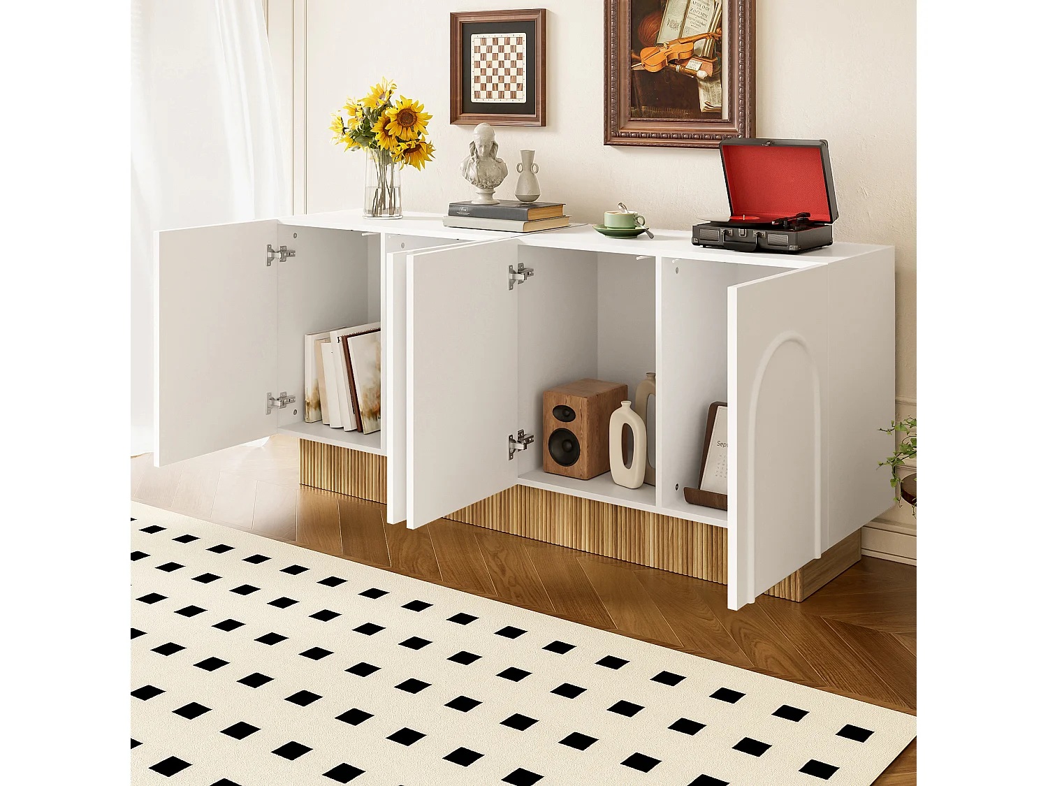 Buffet moderne pour salon et salle à manger - 160 x 75 x 38 cm - avec 4 portes - aggloméré - blanc + naturel