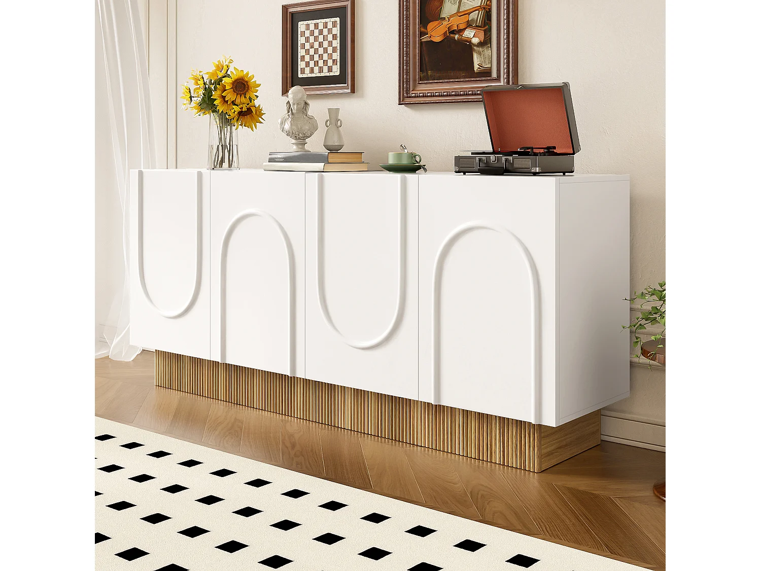 Buffet moderne pour salon et salle à manger - 160 x 75 x 38 cm - avec 4 portes - aggloméré - blanc + naturel
