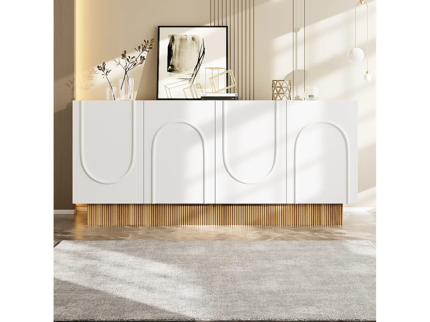 Buffet moderne pour salon et salle à manger - 160 x 75 x 38 cm - avec 4 portes - aggloméré - blanc + naturel