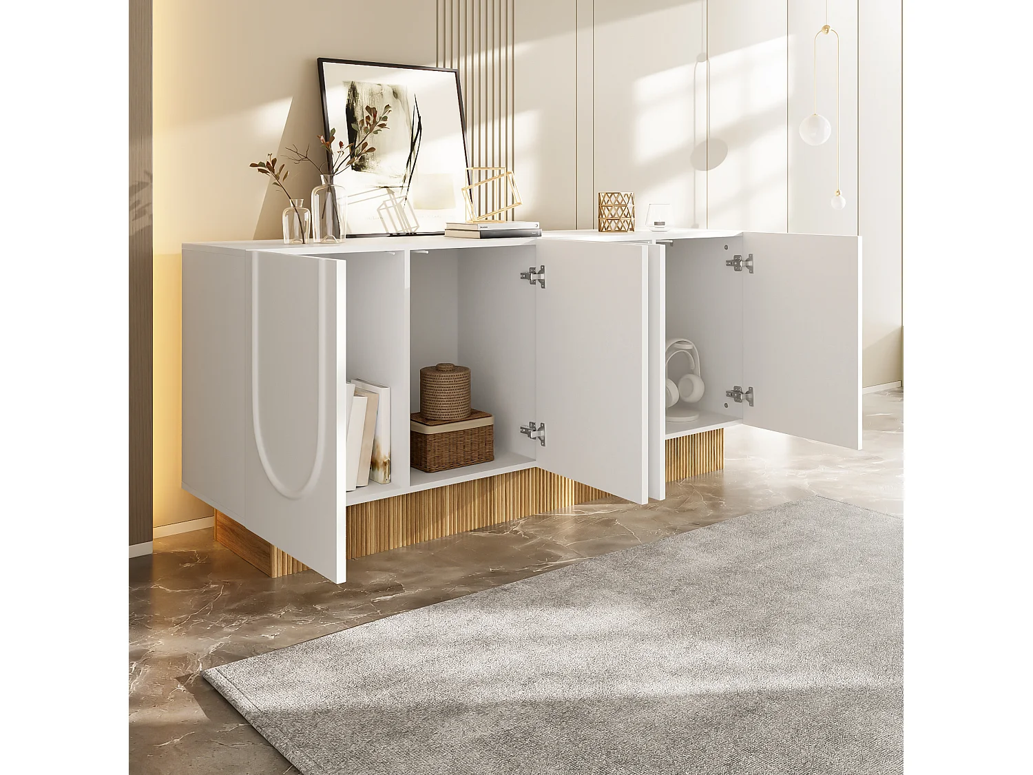 Buffet moderne pour salon et salle à manger - 160 x 75 x 38 cm - avec 4 portes - aggloméré - blanc + naturel
