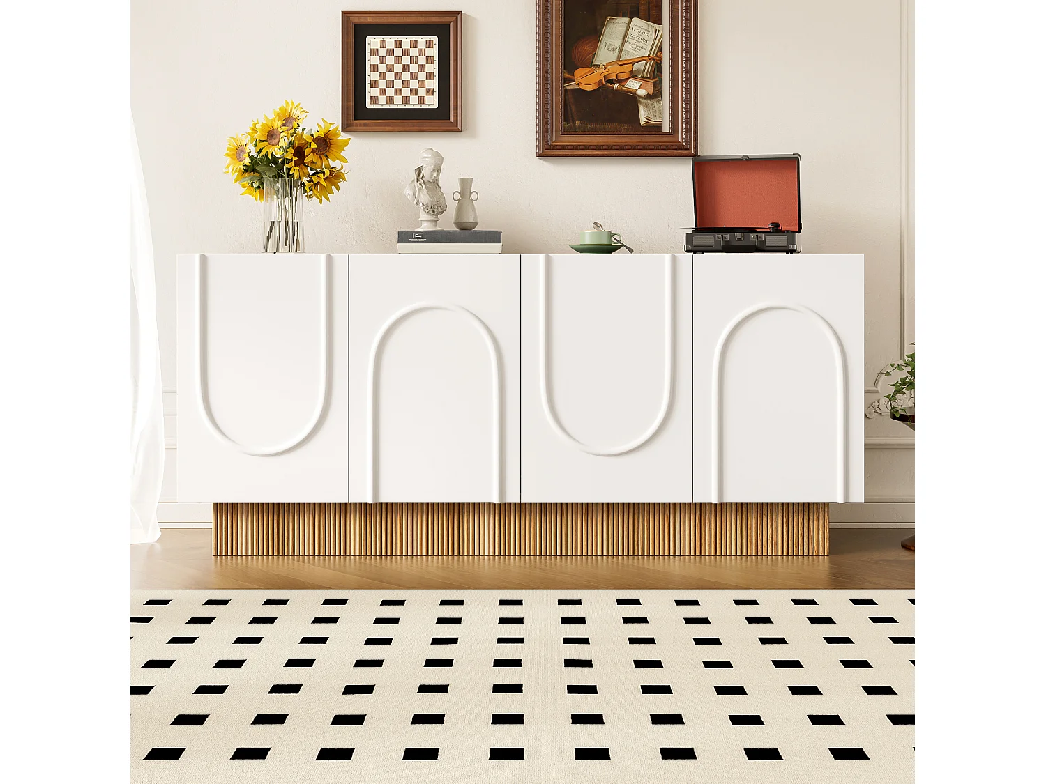 Buffet moderne pour salon et salle à manger - 160 x 75 x 38 cm - avec 4 portes - aggloméré - blanc + naturel