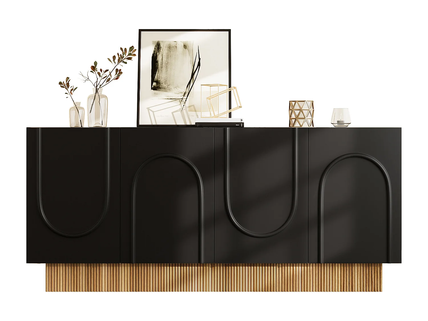 Buffet moderne pour salon et salle à manger - 160 x 75 x 38 cm - avec 4 portes - aggloméré - noir + naturel