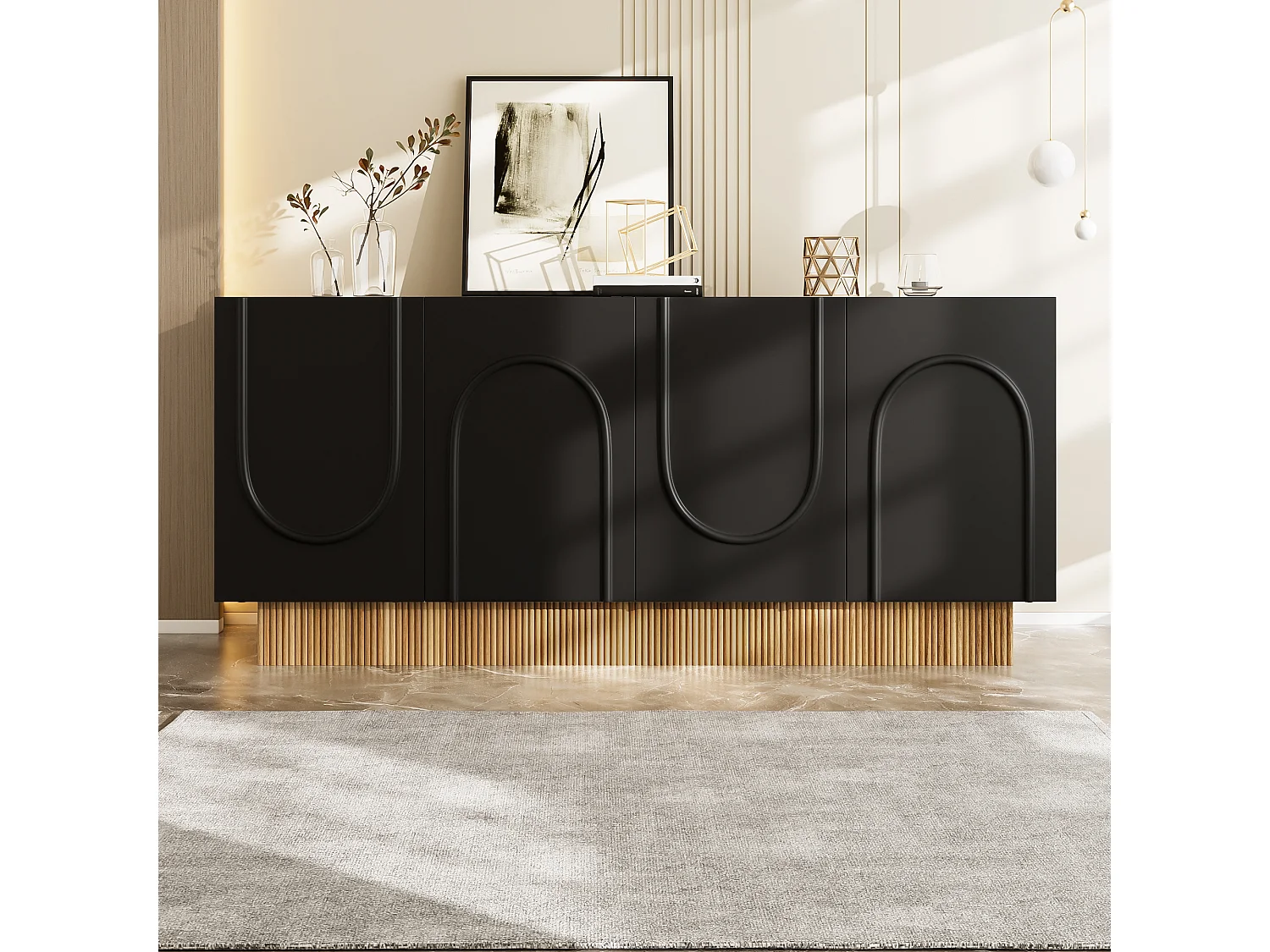 Buffet moderne pour salon et salle à manger - 160 x 75 x 38 cm - avec 4 portes - aggloméré - noir + naturel