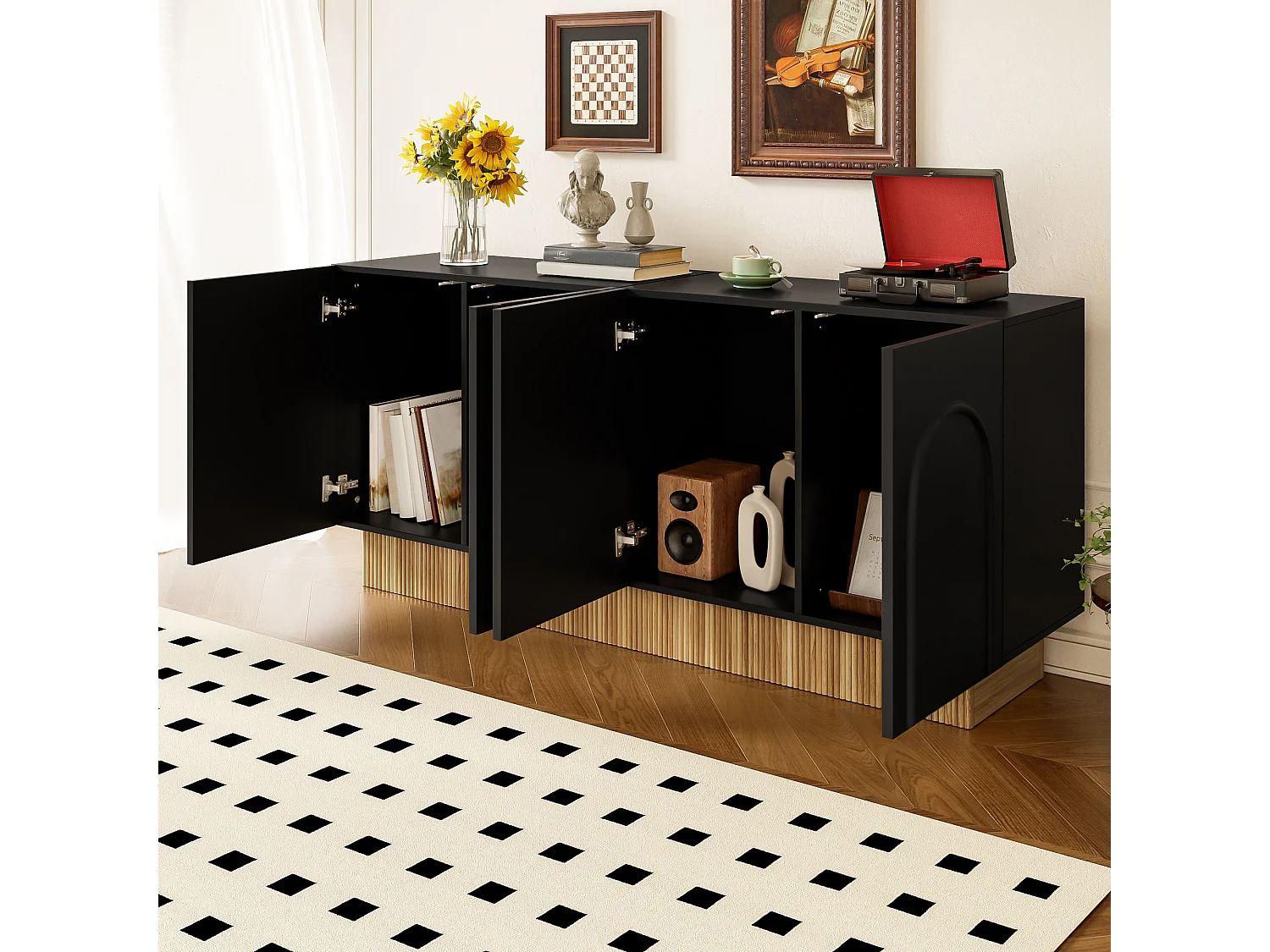 Buffet moderne pour salon et salle à manger - 160 x 75 x 38 cm - avec 4 portes - aggloméré - noir + naturel