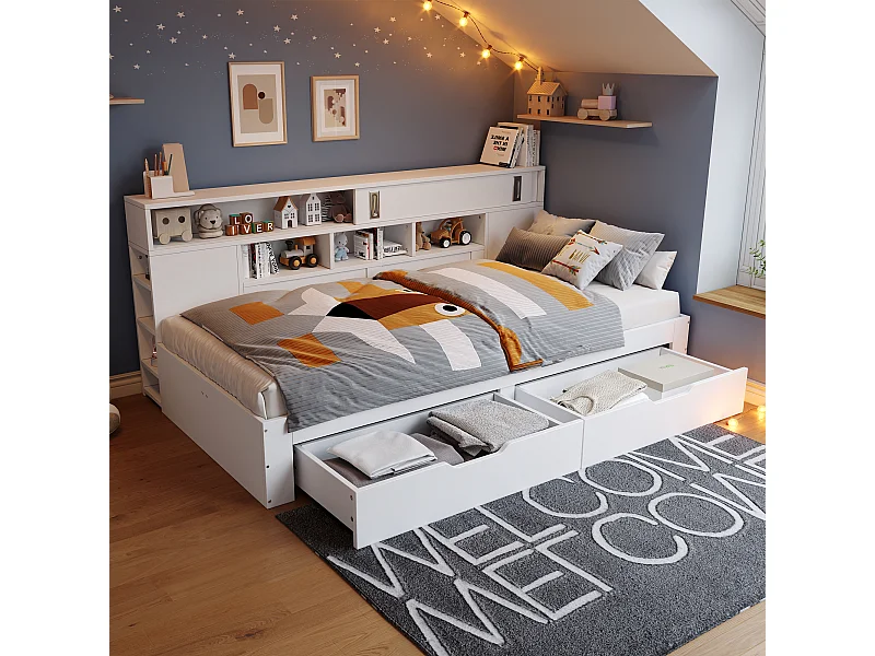 Canapé-lit simple pour enfant - 90 x 190 cm - avec avec tiroirs + étagère et armoire de rangement -MDF - blanc