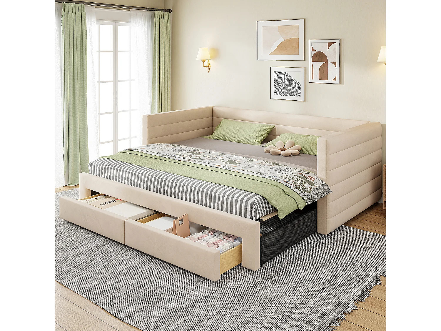 Canapé-lit extensible 3 en 1 - 90/180 x 190 cm - avec tiroirs + sommier à lattes - coton et lin - beige